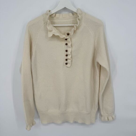 Irsutey Crew‎ Neck Sweater Ruffle Knit Sweater Button Down Pullover Cream Small - Picture 2 of 6